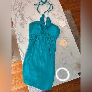 Blue Maxi Dress with neck straps and back out.